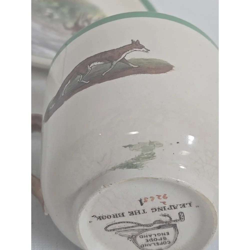 Copeland Spode England Herring Hunt Green #1 Footed Demitasse‎ Cup and #1 Saucer